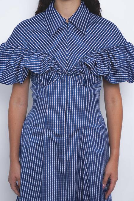 Shop_Leh Studios_Blue Viscose, Polyester Collared, V-neck Cumulus Ruffled Shoulder Dress _Online_at_Aza_Fashions