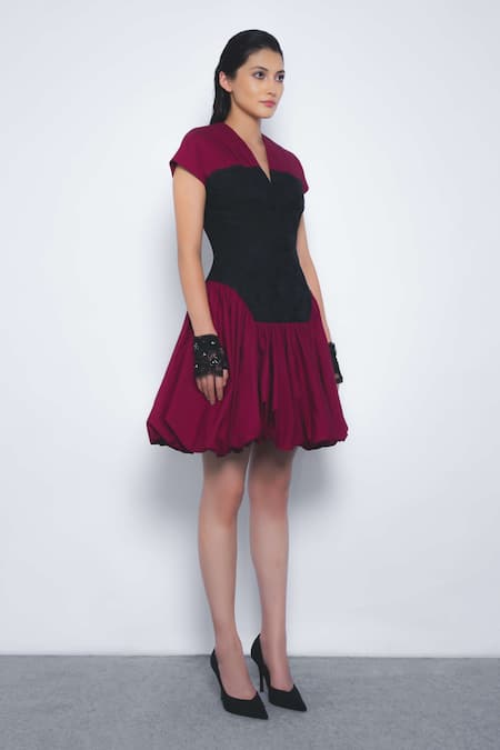 Leh Studios_Black Cotton, Viscose V-neck Kumuda Short Sleeve Bubble Hem Dress _Online_at_Aza_Fashions