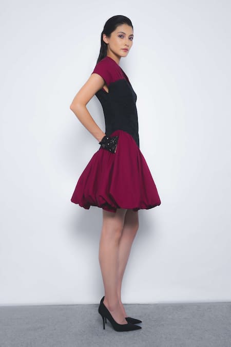 Buy_Leh Studios_Black Cotton, Viscose V-neck Kumuda Short Sleeve Bubble Hem Dress _Online_at_Aza_Fashions