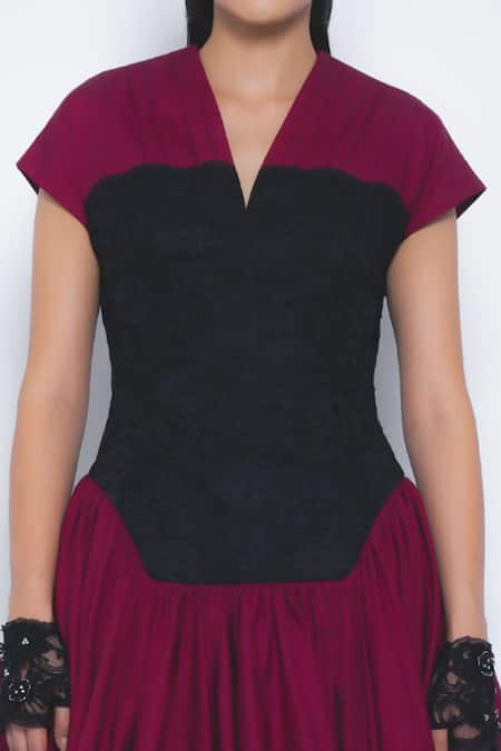 Shop_Leh Studios_Black Cotton, Viscose V-neck Kumuda Short Sleeve Bubble Hem Dress _Online_at_Aza_Fashions