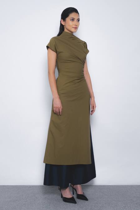 Leh Studios_Olive Green Cotton High Neck Arida Draped Tunic _Online_at_Aza_Fashions