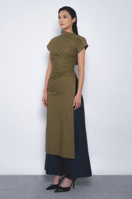 Buy_Leh Studios_Olive Green Cotton High Neck Arida Draped Tunic _Online_at_Aza_Fashions