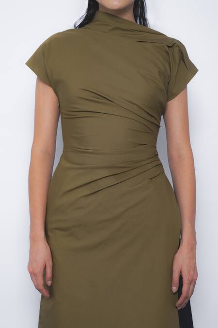 Leh Studios_Olive Green Cotton High Neck Arida Draped Tunic _at_Aza_Fashions