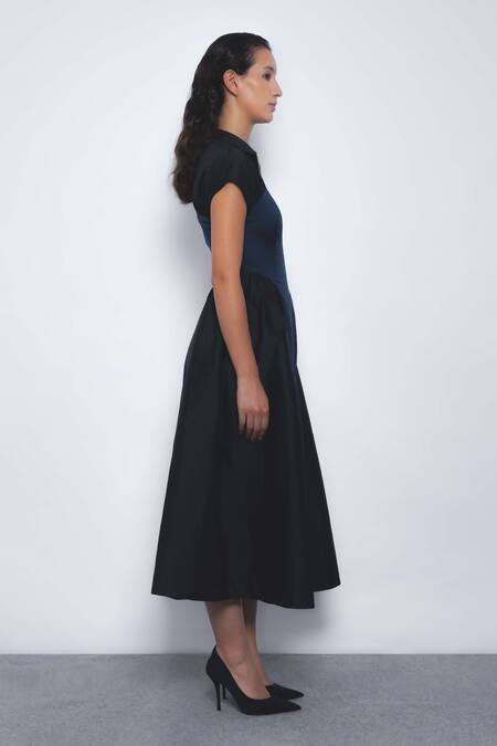 Leh Studios_Black Viscose, Polyester Collared Kona Zipper Front Midi Dress _Online_at_Aza_Fashions