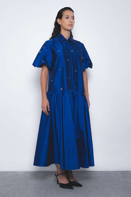 Buy_Leh Studios_Blue Viscose, Polyester Stones, Beads Cielo Embellished Drop Waist Dress _Online_at_Aza_Fashions