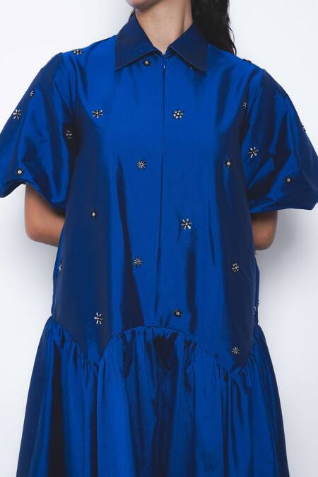 Shop_Leh Studios_Blue Viscose, Polyester Stones, Beads Cielo Embellished Drop Waist Dress _Online_at_Aza_Fashions