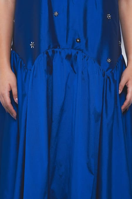 Leh Studios_Blue Viscose, Polyester Stones, Beads Cielo Embellished Drop Waist Dress _at_Aza_Fashions