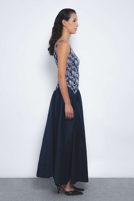 Leh Studios_Navy Viscose, Polyester Square Neck Miyu Floral Print Sleeveless Dress _Online_at_Aza_Fashions