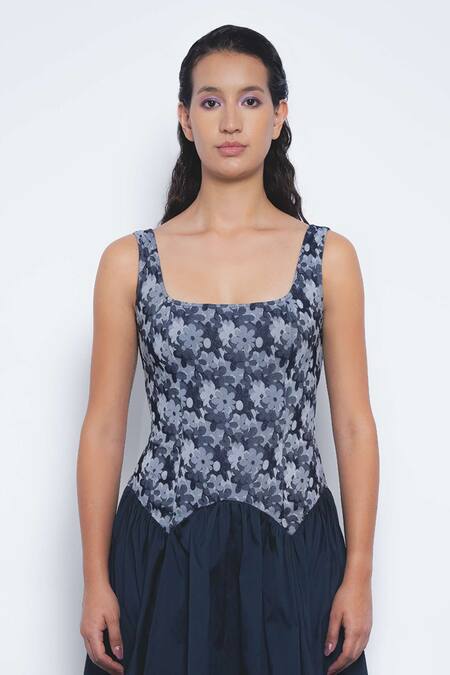 Leh Studios_Navy Viscose, Polyester Square Neck Miyu Floral Print Sleeveless Dress _at_Aza_Fashions