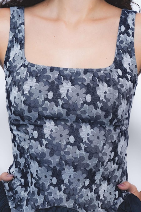 Buy_Leh Studios_Navy Viscose, Polyester Square Neck Miyu Floral Print Sleeveless Dress 