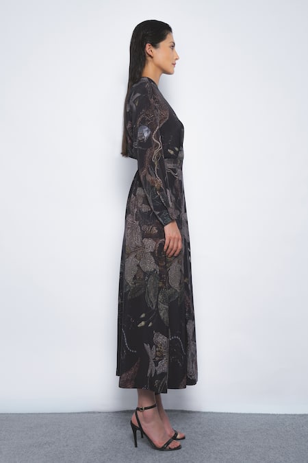 Leh Studios_Black Viscose Mandarin Collar Silva Printed Dress _Online_at_Aza_Fashions