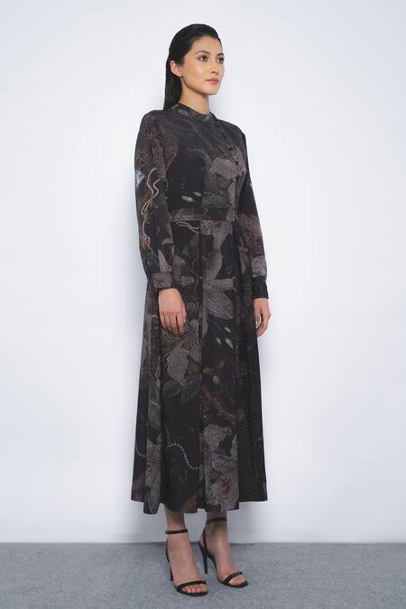 Shop_Leh Studios_Black Viscose Mandarin Collar Silva Printed Dress _Online_at_Aza_Fashions