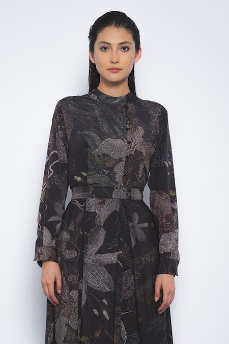Leh Studios_Black Viscose Mandarin Collar Silva Printed Dress _at_Aza_Fashions