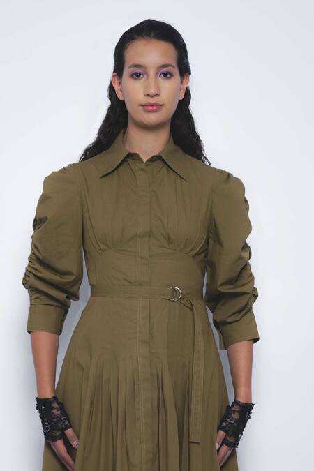 Leh Studios_Olive Green Cotton Collared, Button-down Neck Oribu Shirt Dress _Online_at_Aza_Fashions