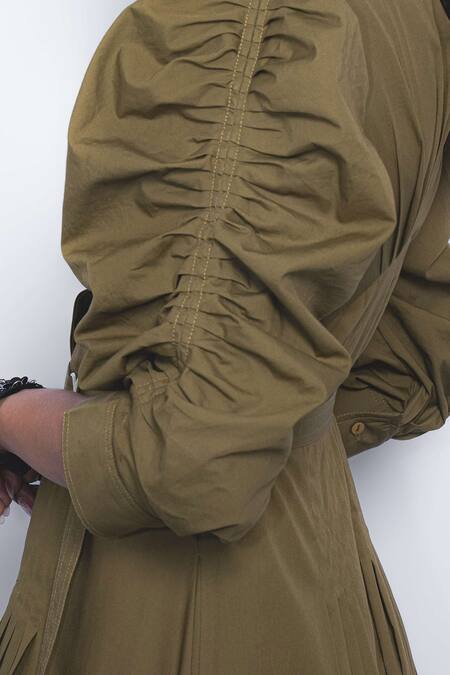 Shop_Leh Studios_Olive Green Cotton Collared, Button-down Neck Oribu Shirt Dress _Online_at_Aza_Fashions