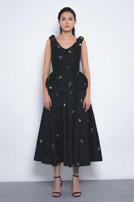 Leh Studios Koharu Floral Embroidered Ruffled Peplum Dress 