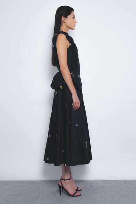 Leh Studios_Black Viscose, Polyester Embroidery Scoop Koharu Floral Ruffled Peplum Dress _Online_at_Aza_Fashions