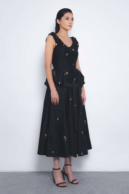 Buy_Leh Studios_Black Viscose, Polyester Embroidery Scoop Koharu Floral Ruffled Peplum Dress _Online_at_Aza_Fashions