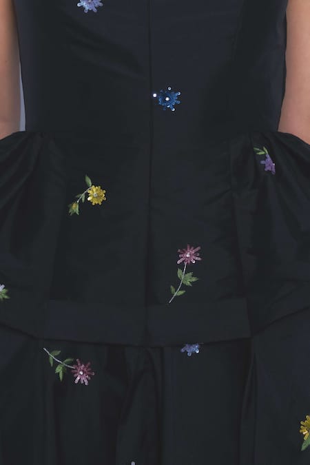 Shop_Leh Studios_Black Viscose, Polyester Embroidery Scoop Koharu Floral Ruffled Peplum Dress _Online_at_Aza_Fashions