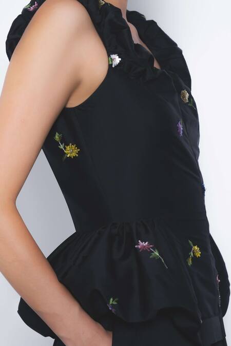 Leh Studios_Black Viscose, Polyester Embroidery Scoop Koharu Floral Ruffled Peplum Dress _at_Aza_Fashions