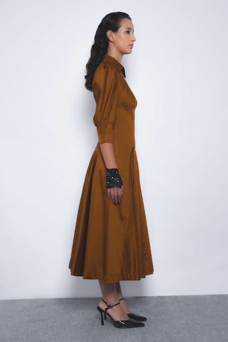 Buy_Leh Studios_Brown Cotton Collared, V-neck Kiku Puff Sleeve Dress _Online_at_Aza_Fashions