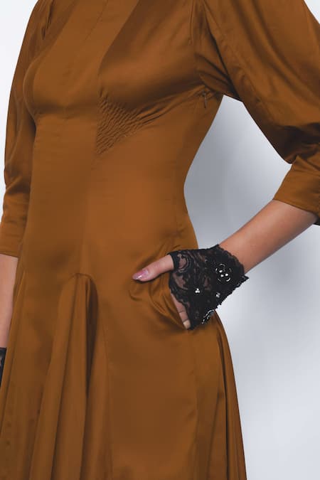 Shop_Leh Studios_Brown Cotton Collared, V-neck Kiku Puff Sleeve Dress _Online_at_Aza_Fashions