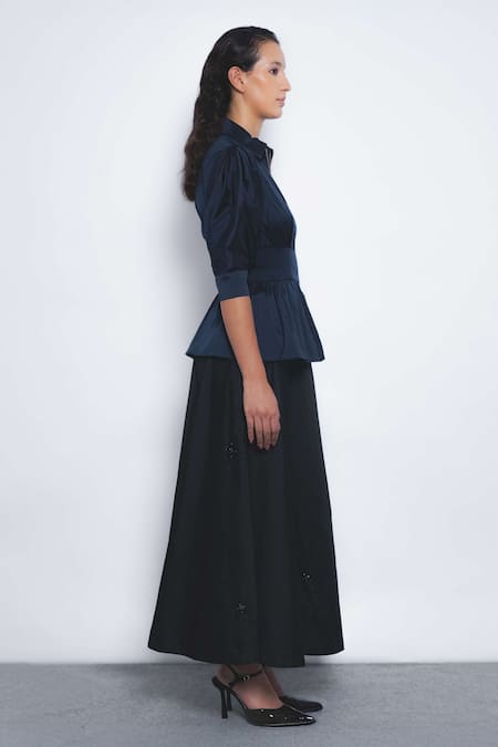 Leh Studios_Navy Viscose, Polyester Collared, V-neck Ame Peplum Top  _Online_at_Aza_Fashions