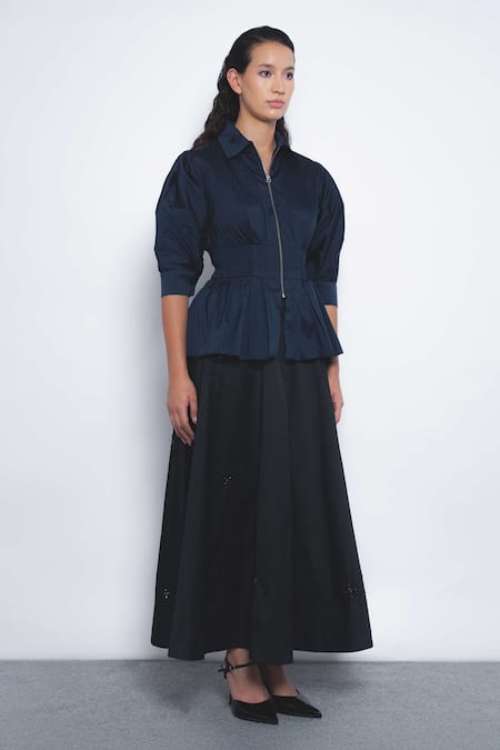 Buy_Leh Studios_Navy Viscose, Polyester Collared, V-neck Ame Peplum Top  _Online_at_Aza_Fashions