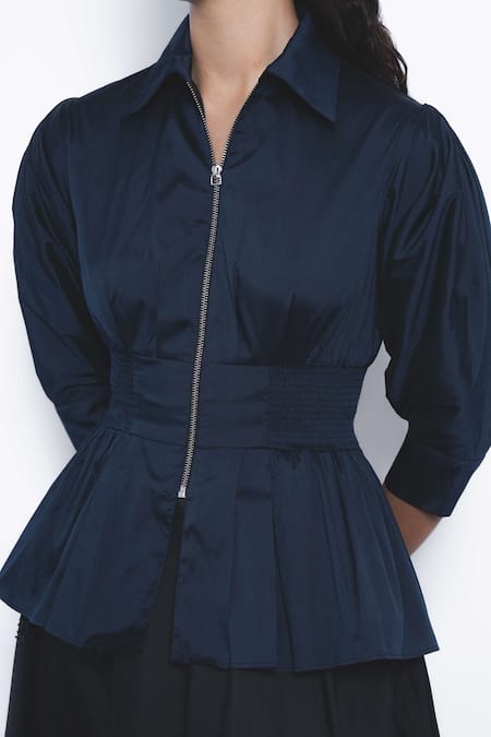 Shop_Leh Studios_Navy Viscose, Polyester Collared, V-neck Ame Peplum Top  _Online_at_Aza_Fashions