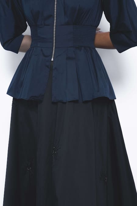Leh Studios_Navy Viscose, Polyester Collared, V-neck Ame Peplum Top  _at_Aza_Fashions