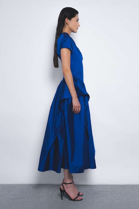 Leh Studios_Blue Viscose, Polyester V-neck Alae Draped And Peplum Waist Dress _Online_at_Aza_Fashions