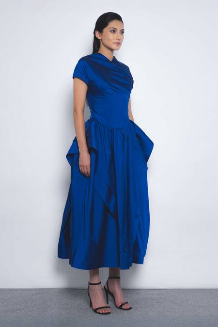 Buy_Leh Studios_Blue Viscose, Polyester V-neck Alae Draped And Peplum Waist Dress _Online_at_Aza_Fashions