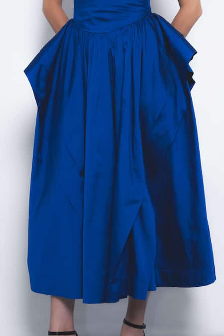 Shop_Leh Studios_Blue Viscose, Polyester V-neck Alae Draped And Peplum Waist Dress _Online_at_Aza_Fashions