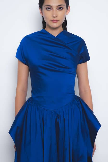 Leh Studios_Blue Viscose, Polyester V-neck Alae Draped And Peplum Waist Dress _at_Aza_Fashions