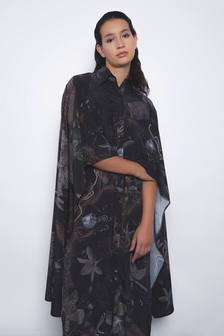 Buy_Leh Studios_Black Viscose, Polyester Collared Manto Printed Cape Dress  _Online_at_Aza_Fashions