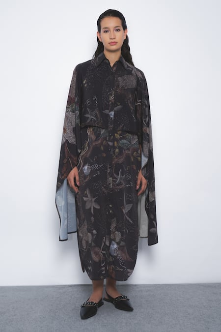 Shop_Leh Studios_Black Viscose, Polyester Collared Manto Printed Cape Dress  _Online_at_Aza_Fashions