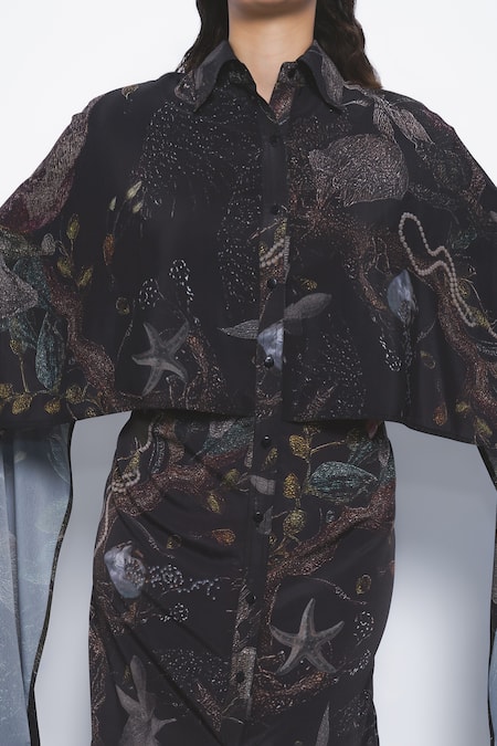 Leh Studios_Black Viscose, Polyester Collared Manto Printed Cape Dress  _at_Aza_Fashions