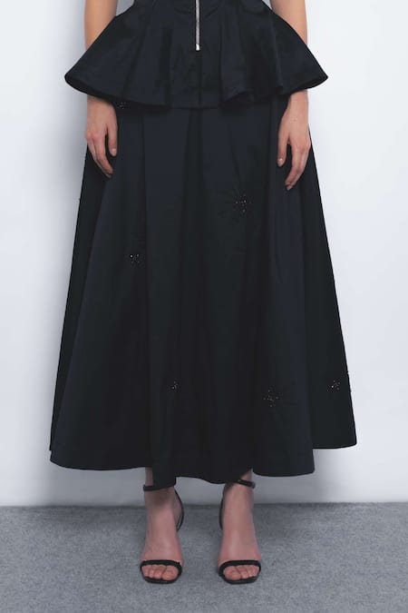 Leh Studios_Black Viscose, Polyester Halter Neck, Vita Peplum Zip Up Top _Online_at_Aza_Fashions