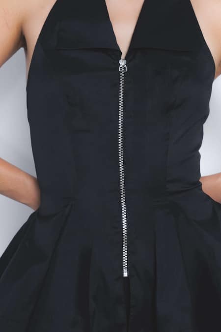 Buy_Leh Studios_Black Viscose, Polyester Halter Neck, Vita Peplum Zip Up Top _Online_at_Aza_Fashions