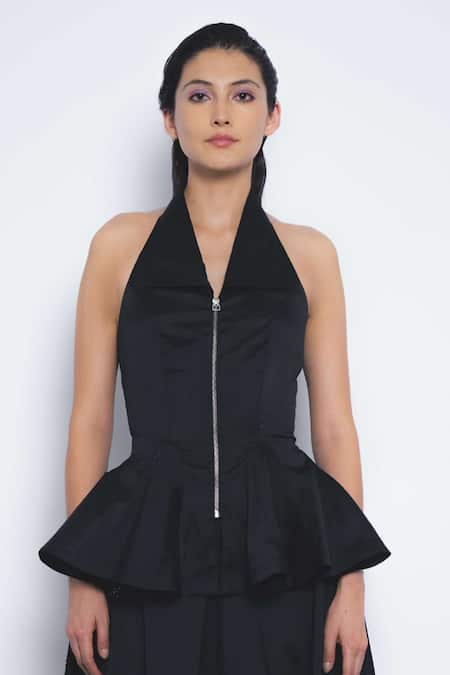 Shop_Leh Studios_Black Viscose, Polyester Halter Neck, Vita Peplum Zip Up Top _Online_at_Aza_Fashions