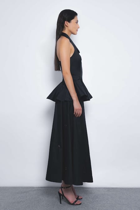 Leh Studios_Black Viscose, Polyester Halter Neck, Vita Peplum Zip Up Top _at_Aza_Fashions