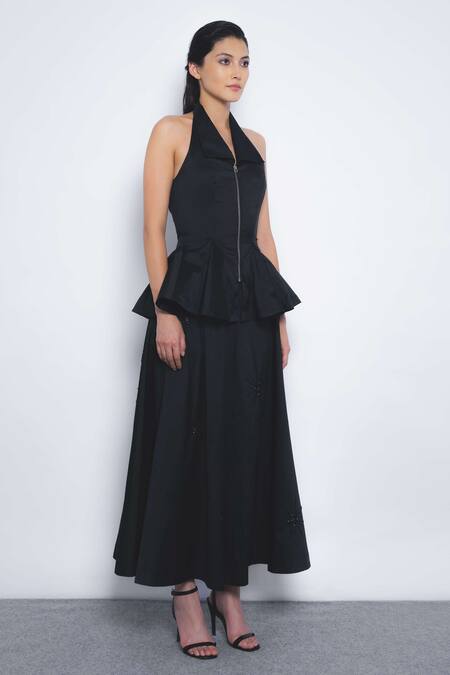 Buy_Leh Studios_Black Viscose, Polyester Halter Neck, Vita Peplum Zip Up Top 
