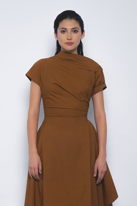 Leh Studios_Brown Cotton High Neck Rigzar Draped Asymmetrical Hem Dress _Online_at_Aza_Fashions