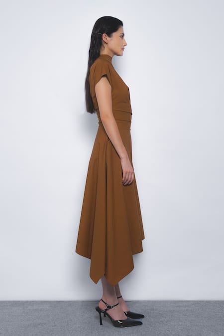Buy_Leh Studios_Brown Cotton High Neck Rigzar Draped Asymmetrical Hem Dress _Online_at_Aza_Fashions