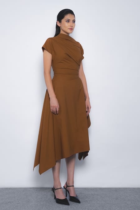 Shop_Leh Studios_Brown Cotton High Neck Rigzar Draped Asymmetrical Hem Dress _Online_at_Aza_Fashions