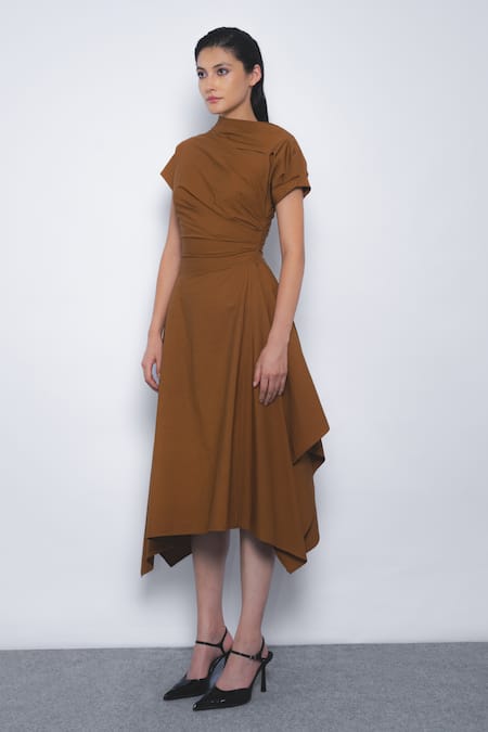 Leh Studios_Brown Cotton High Neck Rigzar Draped Asymmetrical Hem Dress _at_Aza_Fashions