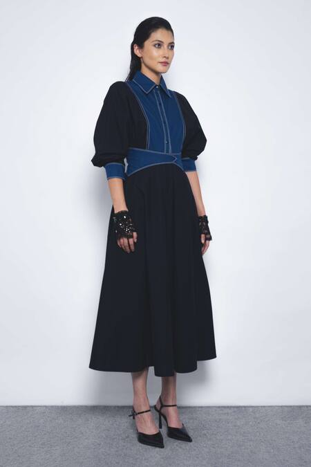 Leh Studios_Navy Cotton Collared, Button-down Neck Vesper Color Block Dress _Online_at_Aza_Fashions