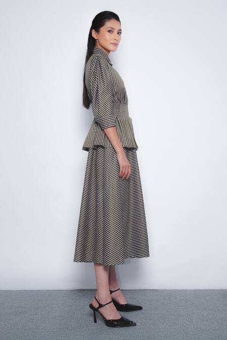 Leh Studios_Green Viscose, Polyester Collared, V-neck Ame Checkered Peplum Dress _Online_at_Aza_Fashions