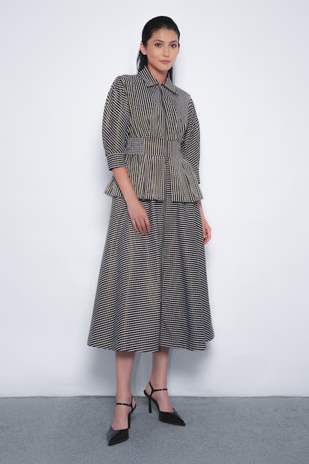 Buy_Leh Studios_Green Viscose, Polyester Collared, V-neck Ame Checkered Peplum Dress _Online_at_Aza_Fashions