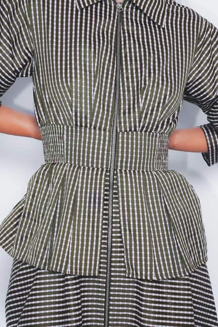 Shop_Leh Studios_Green Viscose, Polyester Collared, V-neck Ame Checkered Peplum Dress _Online_at_Aza_Fashions